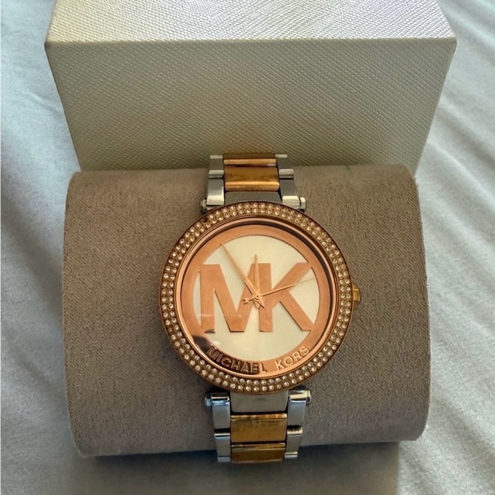 Michael Kors Two-Tone Rose Gold and Silver MK Logo Crystal Watch